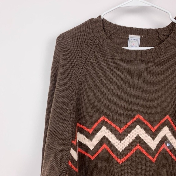 Y2K Old Navy Zig Zag Stripe Lambs Wool Blend Brown Orange Sweater Mens XL New - Picture 2 of 7